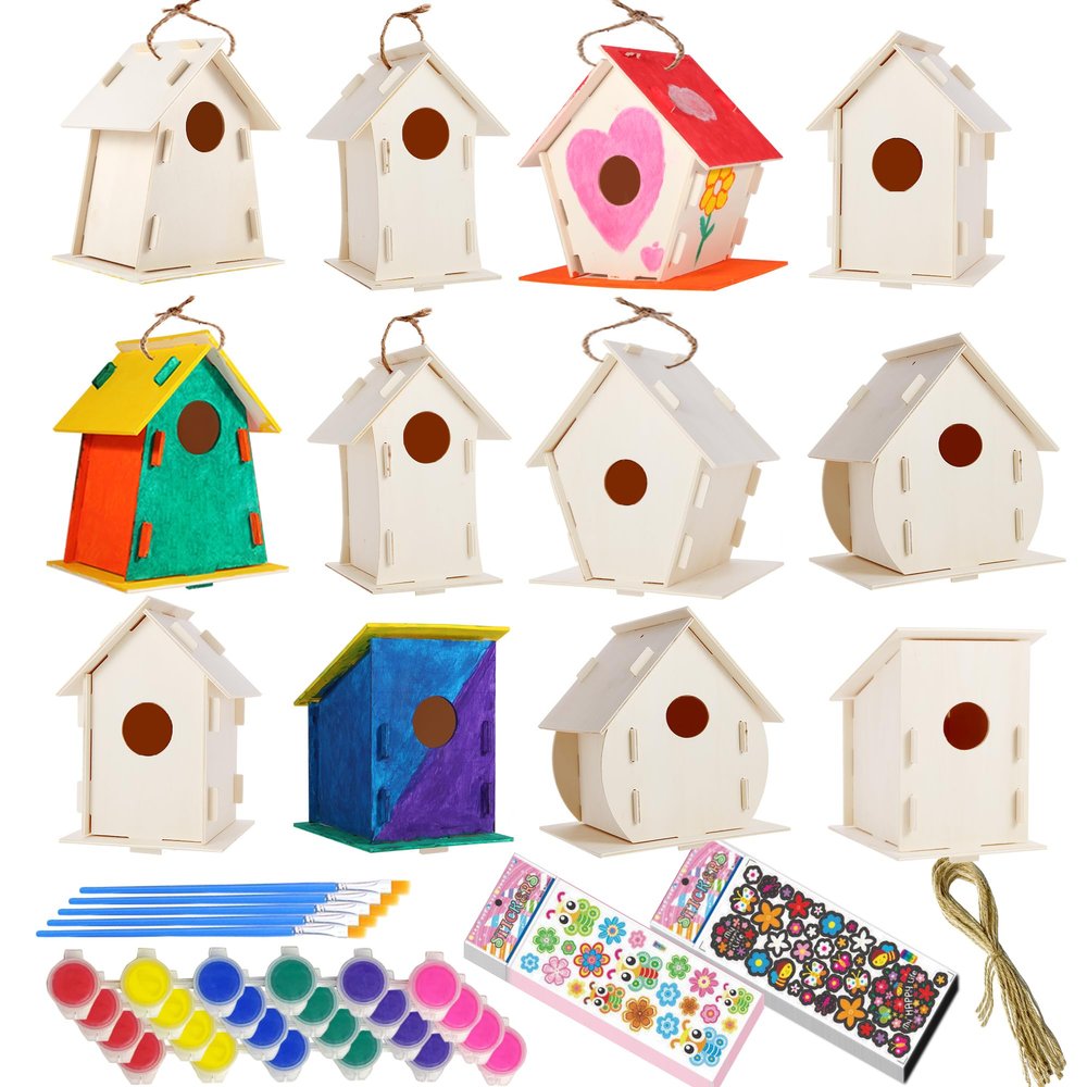 12 Pack Large DIY Bird Houses Kits for Kids, Kids Craft Kits Wood Houses for DIY Crafts Class Party, 12 Birdhouse Kits with 12 Paint Strips & Paintbrushes & Stickers for Children to Build & Paint (12)