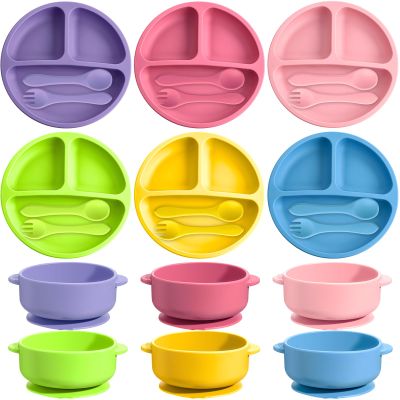 Dandat 24 Pcs Silicone Baby Feeding Set,6 Baby Toddler Suction Bowls 6 Divided Suction Plates with 6 Forks 6 Spoons, Utensils Set for Weaning Infant Feeding and Eating, 6 Styles(Bright Color)