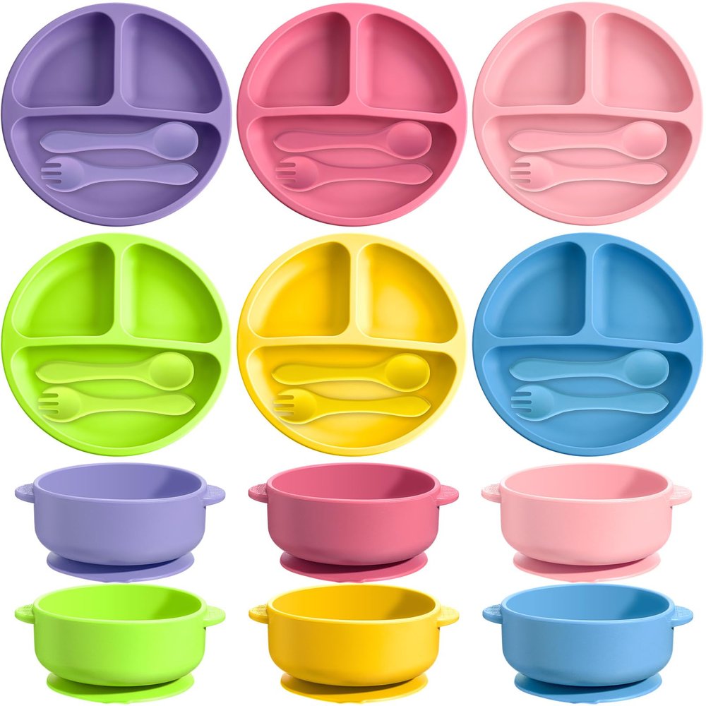Dandat 24 Pcs Silicone Baby Feeding Set,6 Baby Toddler Suction Bowls 6 Divided Suction Plates with 6 Forks 6 Spoons, Utensils Set for Weaning Infant Feeding and Eating, 6 Styles(Bright Color)