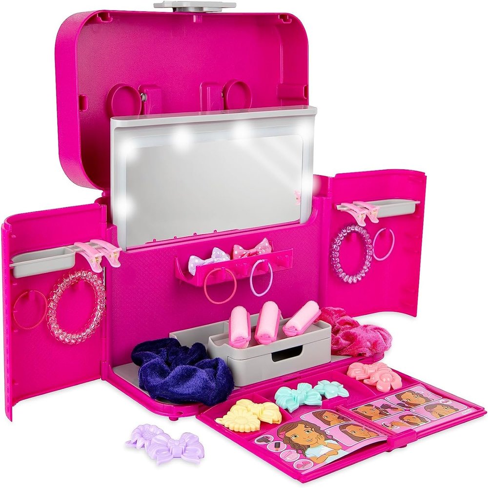 Casdon Ultimate Styling Case. Foldable Hair Styling & Accessory Case with Light-Up Mirror, Style Book, & Hair Accessories. Playset for Children Aged 3+
