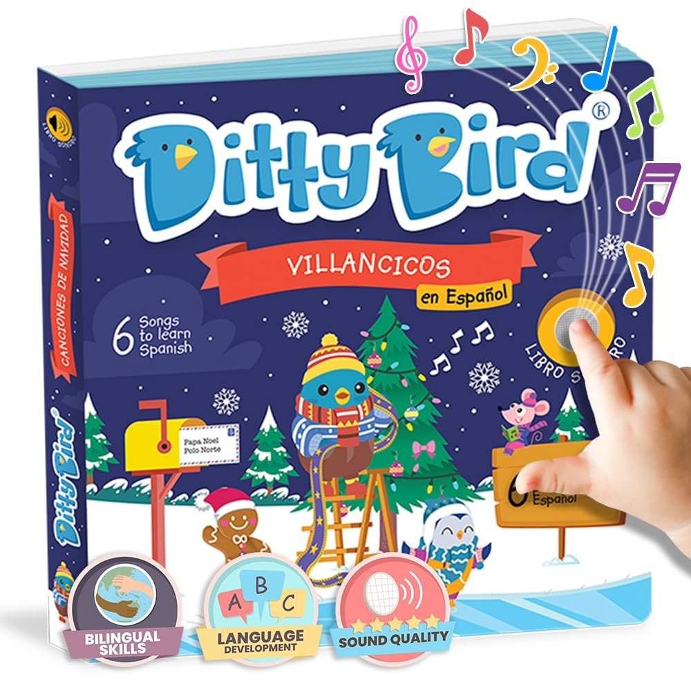 Ditty Bird Spanish Christmas Musical Book for Toddlers Interactive Bilingual Sound Book with Jingle Bells & Holiday Songs for Babies 1-3 | Sturdy Baby Book & Xmas Music Toy