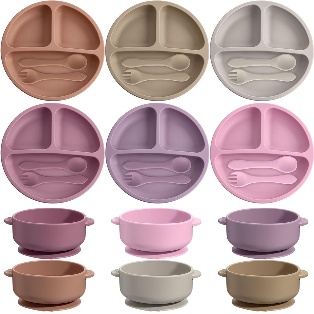 Dandat 24 Pcs Silicone Baby Feeding Set,6 Baby Toddler Suction Bowls 6 Divided Suction Plates with 6 Forks 6 Spoons, Utensils Set for Weaning Infant Feeding and Eating, 6 Styles(Light Color)