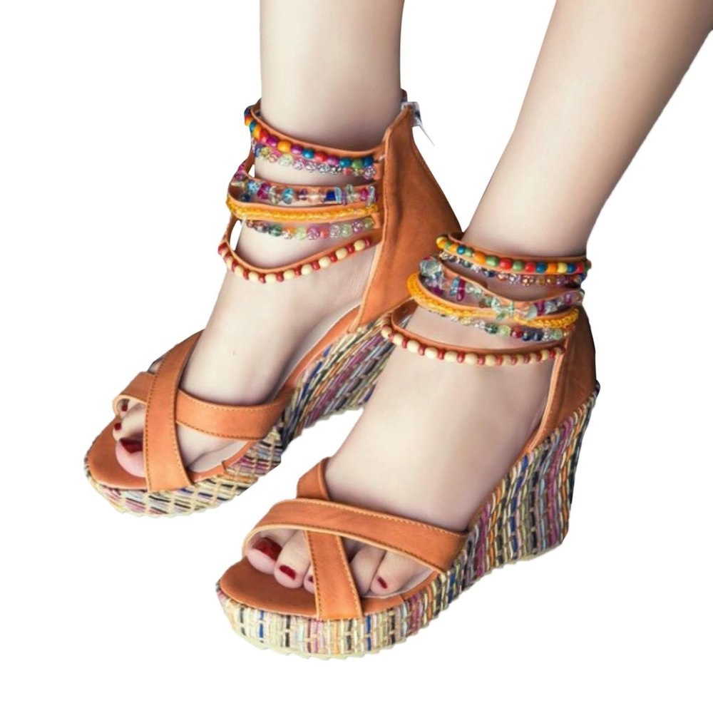 ZBYY Wedge Sandals for Women Casual Summer Pearls High Heels Espadrilles Platform Sandals Open Toe Bohemian Shoes