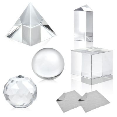 Akamino 5 Pack K9 Optical Crystal Photography Prism Set,50mm Lens Ball/50 mm Cube/50mm Triangular Prism/50mm Prism Pyramid/ 50mm Crystal Ball for Teaching, Playing, Photography (with 2Pcs Wipe Cloth)