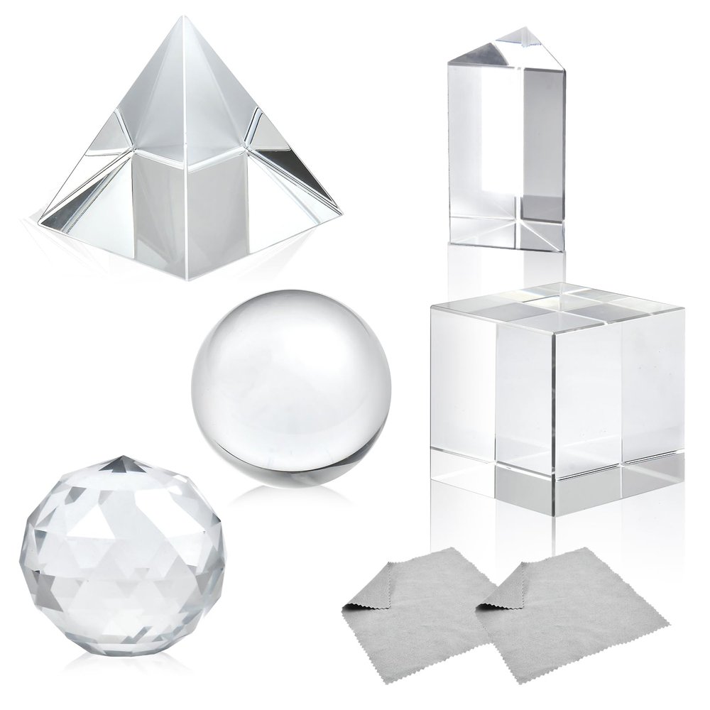 Akamino 5 Pack K9 Optical Crystal Photography Prism Set,50mm Lens Ball/50 mm Cube/50mm Triangular Prism/50mm Prism Pyramid/ 50mm Crystal Ball for Teaching, Playing, Photography (with 2Pcs Wipe Cloth)