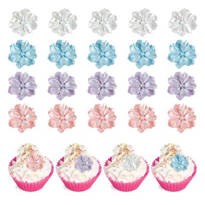 Keaziu 20Pcs Resin Flower Cupcake Toppers 3D Pearl Flowers Cake Decors for Bridal Shower Engagement Baby Shower Girls Birthday Wedding Anniversary Fairy Floral Party Table Decorations