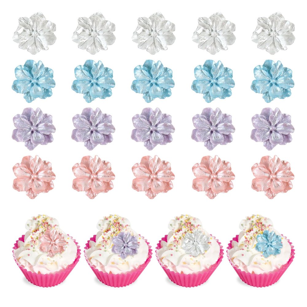 Keaziu 20Pcs Resin Flower Cupcake Toppers 3D Pearl Flowers Cake Decors for Bridal Shower Engagement Baby Shower Girls Birthday Wedding Anniversary Fairy Floral Party Table Decorations