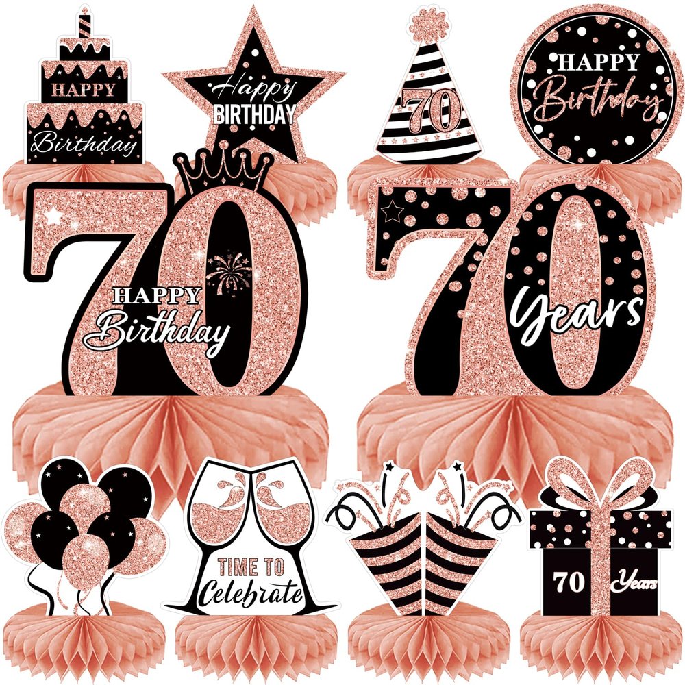 10 Pieces Rose Gold 70th Birthday Decoration,70th Birthday Centerpieces for Tables Happy 70th Honeycomb Table Topper for Women,70th Birthday Table Sign Decor