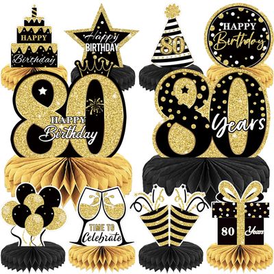 10PCS Black Gold 80th birthday decorations for Men and Women80 birthday Decorations Honeycomb table centerpiecesHappy 80th Birthday Centerpieces Tables Toppers80th Birthday Table Sign Decor