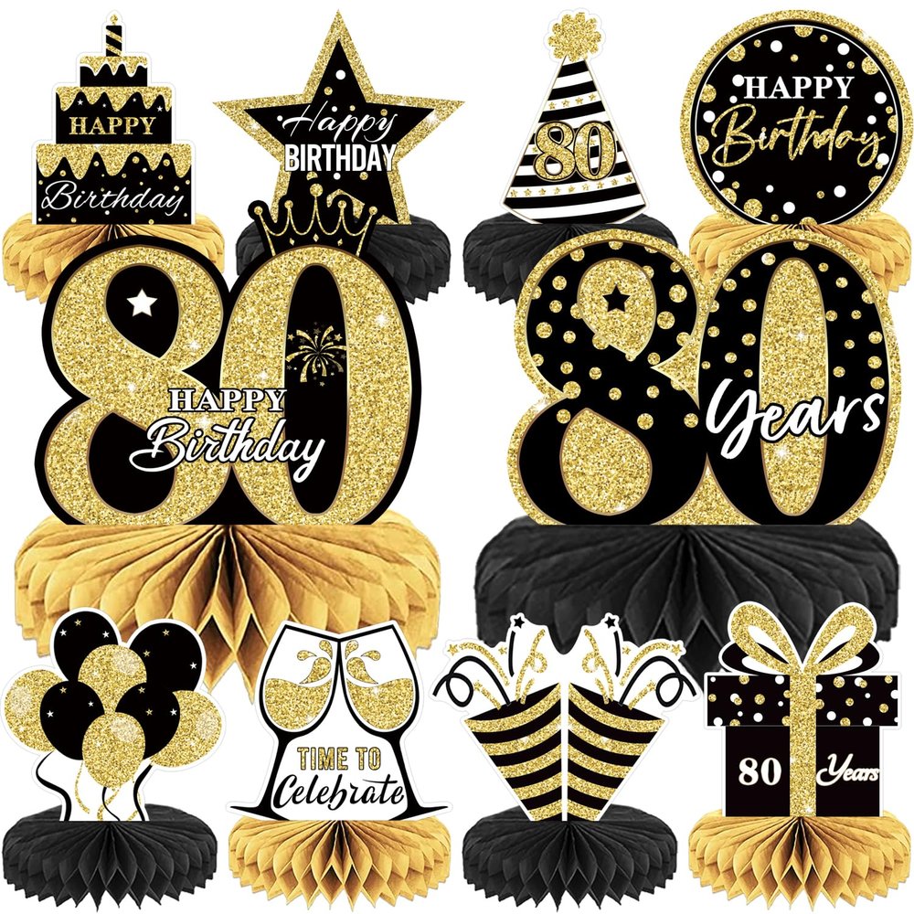 10PCS Black Gold 80th birthday decorations for Men and Women80 birthday Decorations Honeycomb table centerpiecesHappy 80th Birthday Centerpieces Tables Toppers80th Birthday Table Sign Decor