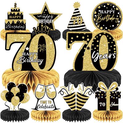 10PCS Black Gold 70th birthday decorations for Men and Women70 birthday Decorations Honeycomb table centerpiecesHappy 70th Birthday Centerpieces Tables Toppers70th Birthday Table Sign Decor