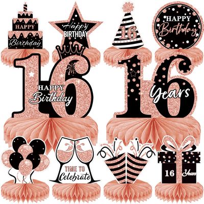 10Pcs Rose Gold Sweet 16th Birthday Decorations for Girls,16th birthday Honeycomb centerpieces for tables Sixteen Year Old Birthday Table Toppers Sign Decor