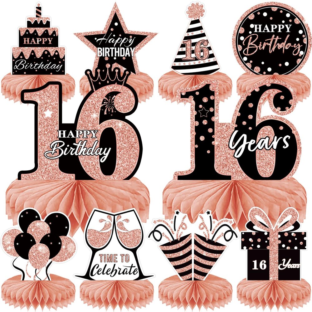 10Pcs Rose Gold Sweet 16th Birthday Decorations for Girls,16th birthday Honeycomb centerpieces for tables Sixteen Year Old Birthday Table Toppers Sign Decor