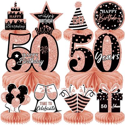 10Pcs Rose Gold 50th birthday decorations Honeycomb Centerpieces for women Happy 50th Birthday Centerpieces Tables Toppers Party Supplies,50th Birthday Table Sign Decor