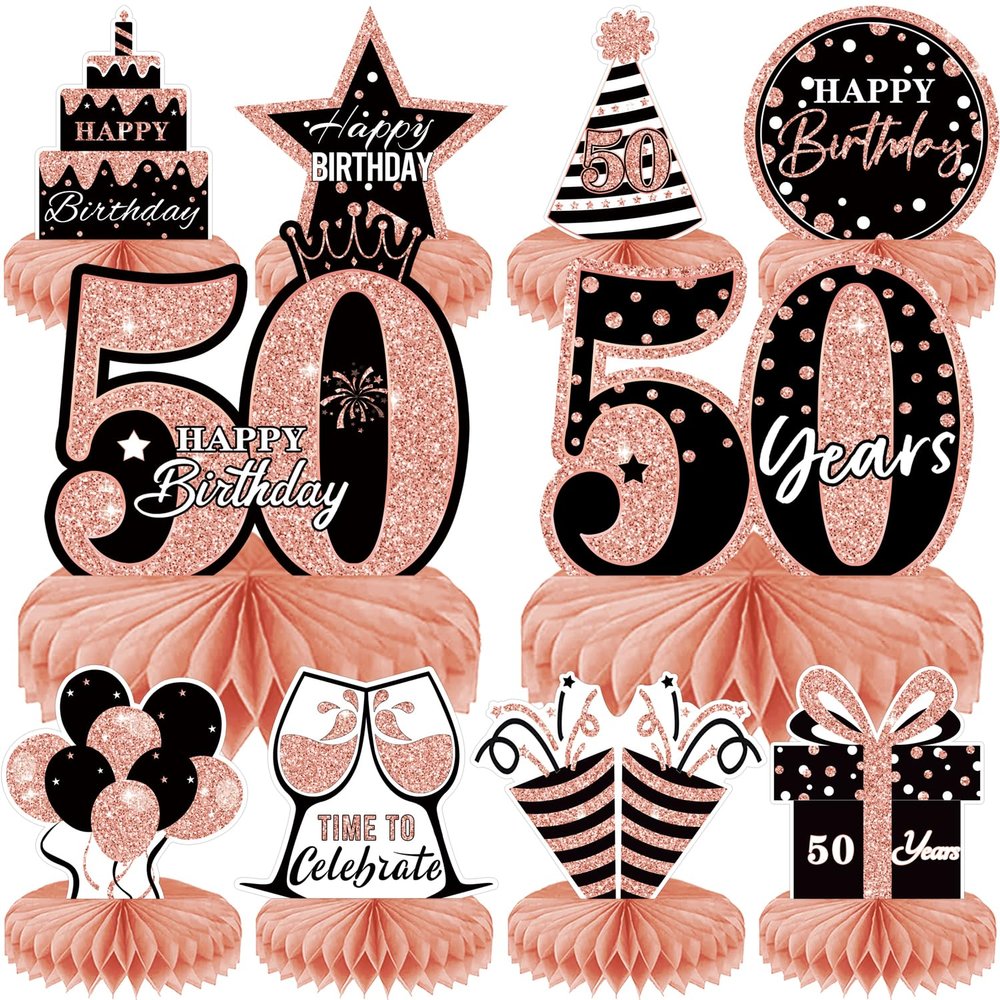 10Pcs Rose Gold 50th birthday decorations Honeycomb Centerpieces for women Happy 50th Birthday Centerpieces Tables Toppers Party Supplies,50th Birthday Table Sign Decor