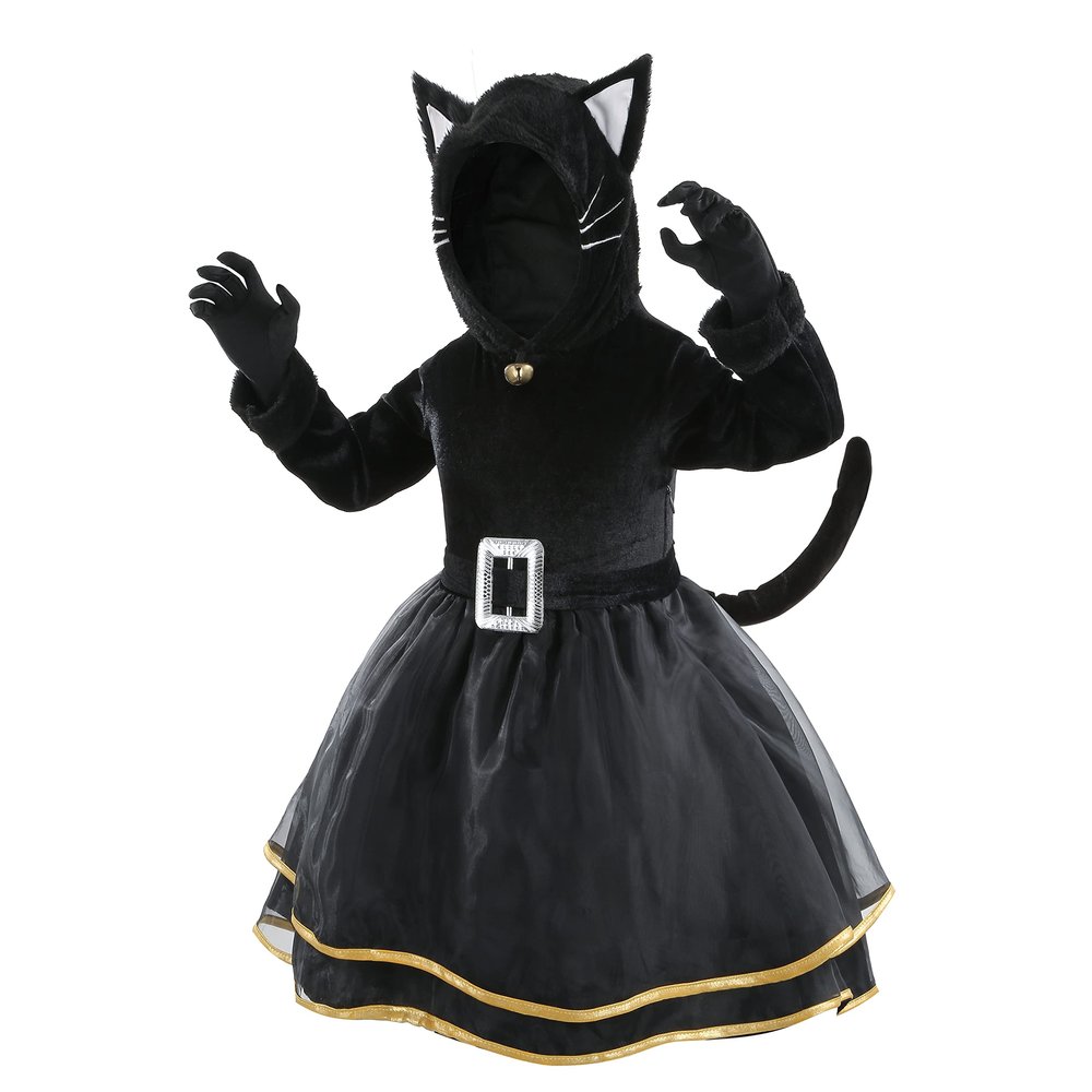 yolsun Cat Costume for Girls with Gloves and Belt Black Fux Cat Halloween Outfit Dress Up