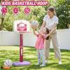 HYES 2 in 1 Kids Basketball Hoop and T Ball Set - Adjustable Height, Kids Baseball Tee with Automatic Pitching Machine, Indoor Outdoor Sport Toys Gifts for Toddler Boys Girls Age 1-5, Pink view 4