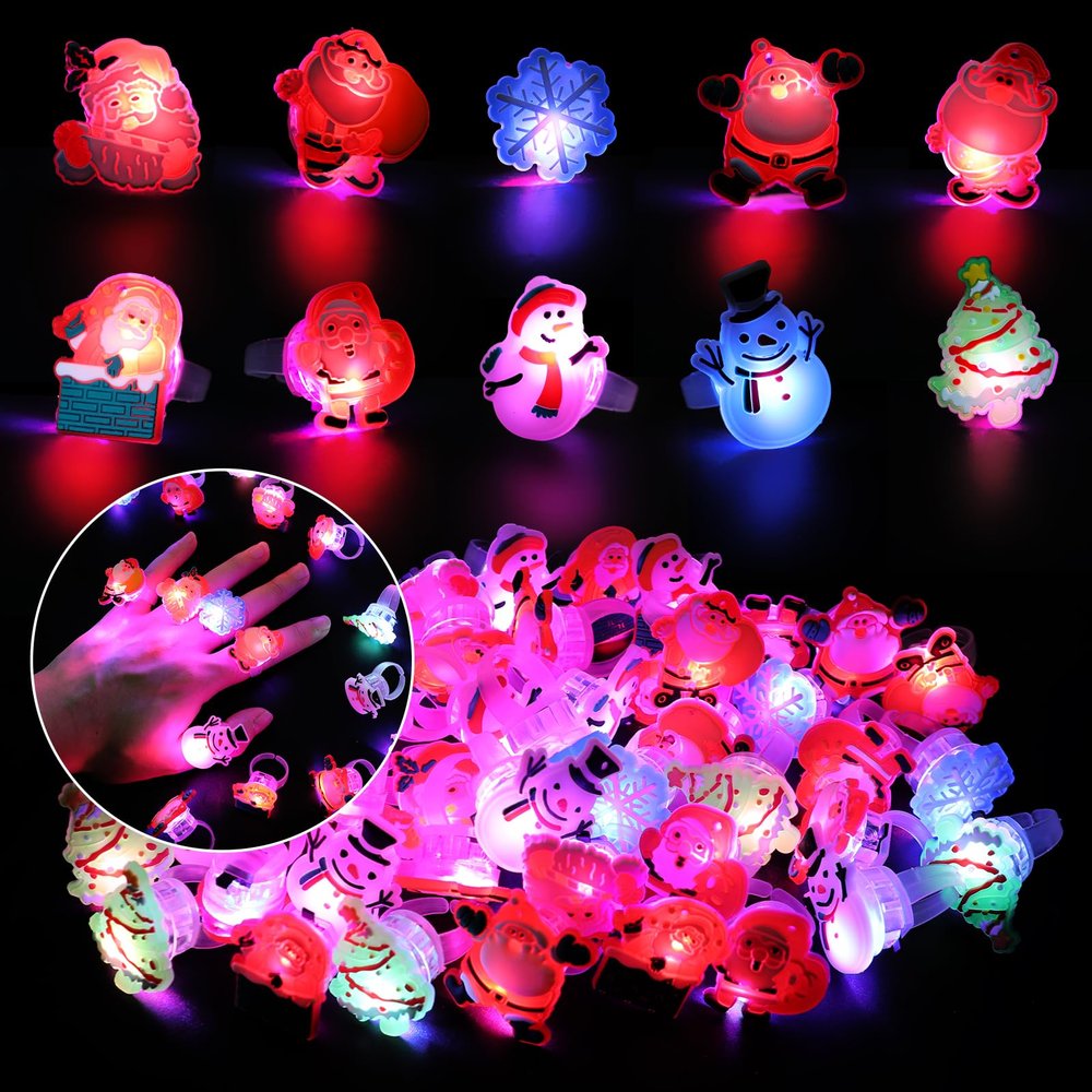 KIMOBER 50PCS Christmas Light Up Rings,Assorted Santa Snowman Flash LED Rings Toys Glow in the Dark Ring Toys for Xmas Kids Party Favors