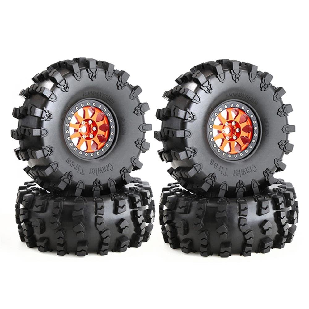 Chanmoo 4Pcs RC 2.2 Beadlock 10-Spokes Wheel Rims & Rubber Crawler Tire for 1/10 RC Crawler Axial SCX10 RBX10 Wraith 90048 90018 Traxxas TRX4 (Orange)