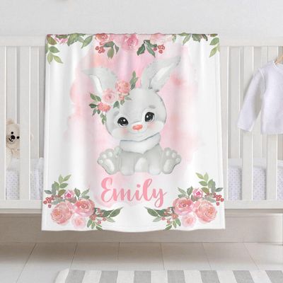 Personalized Baby Blanket for Girls Boys Bunny Custom Baby Blanket with Name Swaddle Blanket for Toddlers Infants Kids Shower Newborns Nursery Stroller Crib Decor Throw Birthday Gift