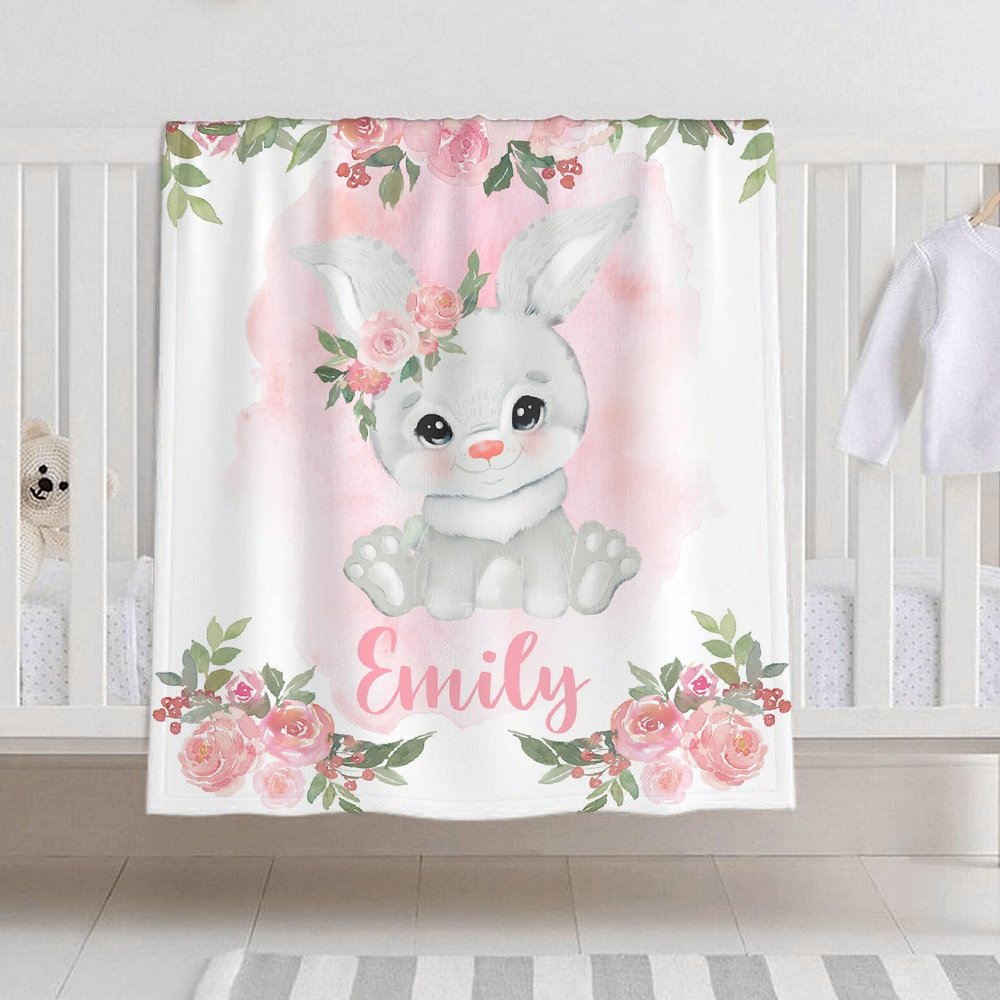 Personalized Baby Blanket for Girls Boys Bunny Custom Baby Blanket with Name Swaddle Blanket for Toddlers Infants Kids Shower Newborns Nursery Stroller Crib Decor Throw Birthday Gift