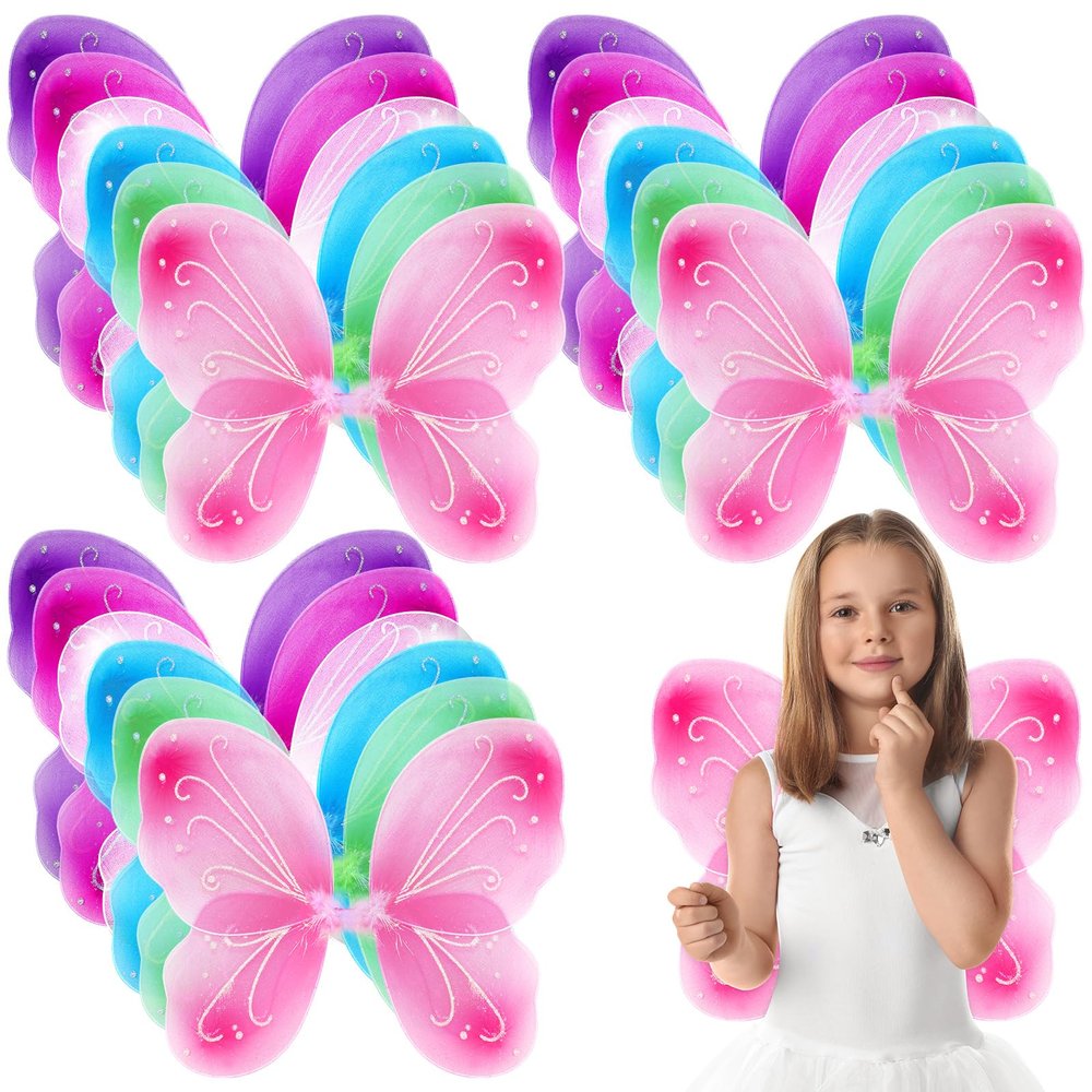 24 Pcs Fairy Wings Kids Bulk, Butterfly Angel Costume Wings for Girls 20 x 21 Inch, Fairy Princess Wings Fairy Birthday Decorations Butterfly Party Favors Supplies Halloween Dress up Role Play