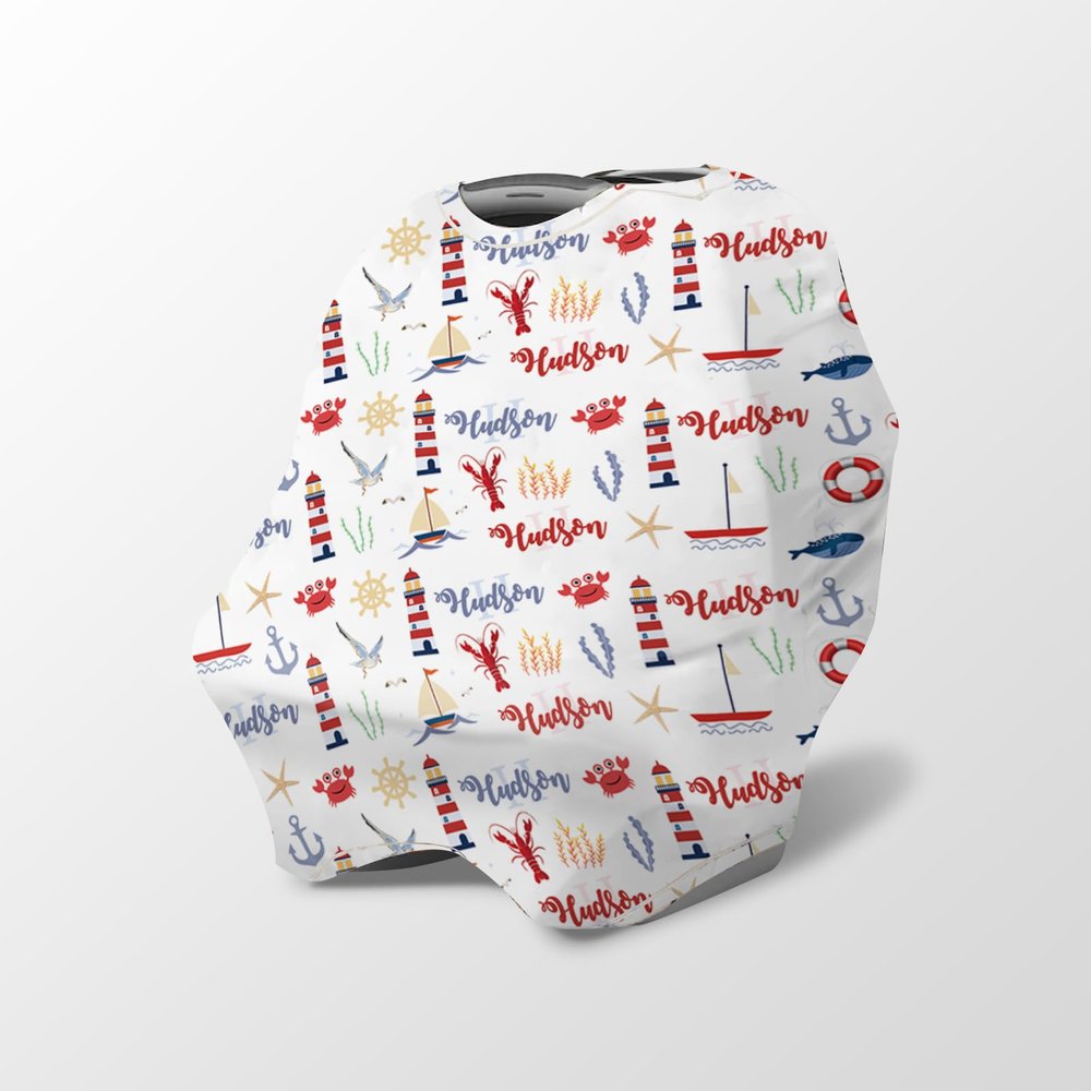 Personalized Baby Car Seat Cover Stroller Canopy: Custom Name Newborn Baby Girl Elastic Sea Sailing Nursing Cover for Moms First Birthday Gift Anchor(one Size)