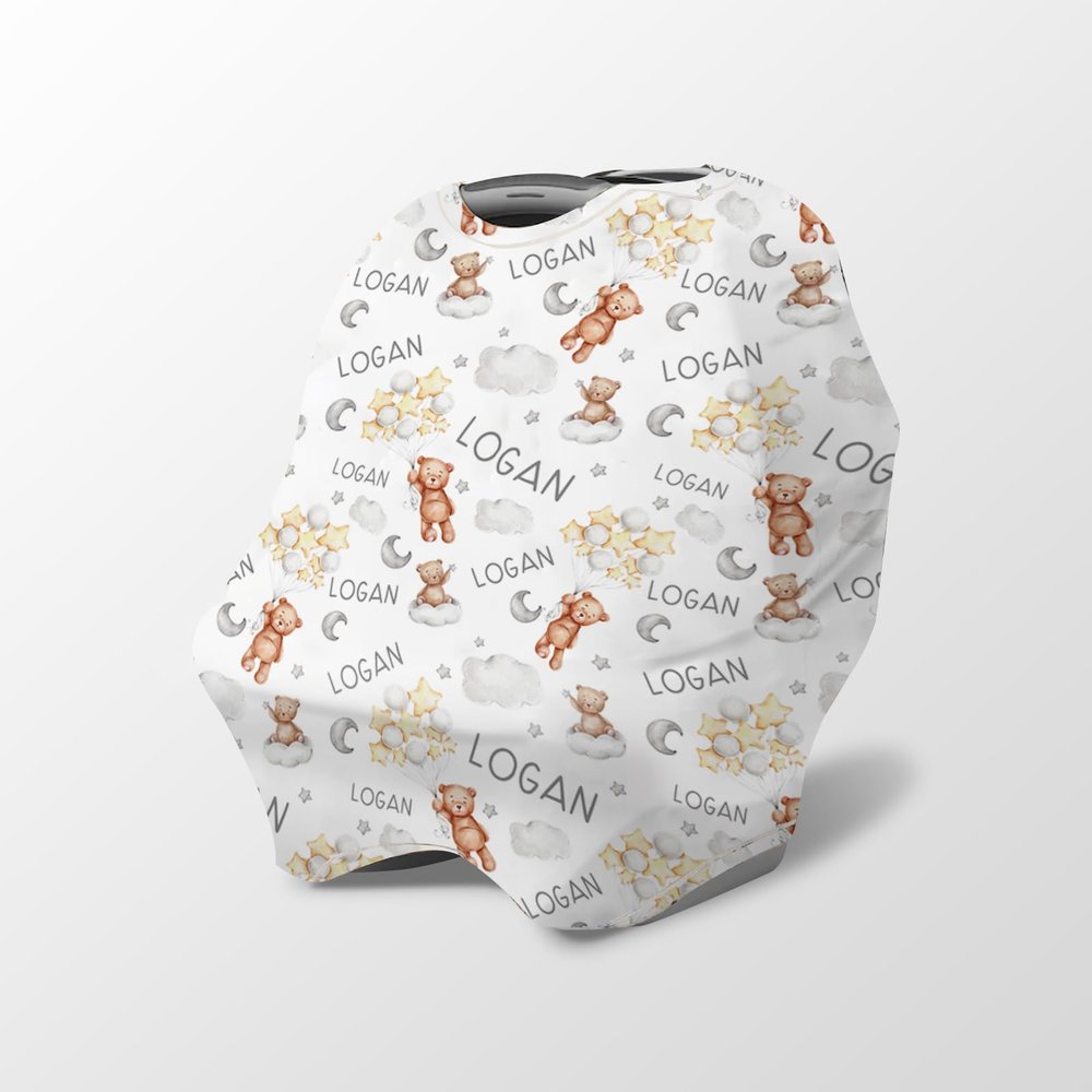 Personalized Baby Car Seat Cover Stroller Canopy: Custom Name Newborn Baby Boy Girl Elastic Animals Nursing Cover for Moms First Birthday Gift Moon Bear(one Size)
