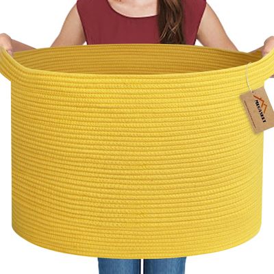 MEGASKET Extra Large Yellow Basket, 22 X 22 X 14 Cotton Rope Yellow Decor for Living Room Bedroom, Woven Basket for Blanket, Laundry, Towel, Shoe, Baby Nursery Toy Organizer, Room Decor Storage Bin