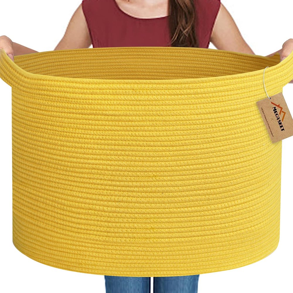 MEGASKET Extra Large Yellow Basket, 22 X 22 X 14 Cotton Rope Yellow Decor for Living Room Bedroom, Woven Basket for Blanket, Laundry, Towel, Shoe, Baby Nursery Toy Organizer, Room Decor Storage Bin