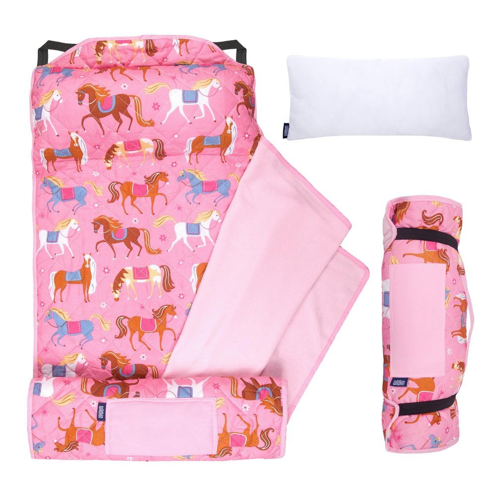 Wildkin Microfiber Modern Quilted Nap Mat with Reusable Pillow for Boys & Girls, Ideal for Elementary Sleeping Mat, Soft Blend Materials with Elastic Corner Straps Nap Mats (Horses)