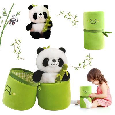 Emoin Soft Reversible Panda Stuffed Animals with Bamboo Storage Bag, 11-Inch Interactive Baby Toy, Cute Cuddly Panda Plush Toy for Kids & Adults  Perfect for Birthday & Easter Gifts