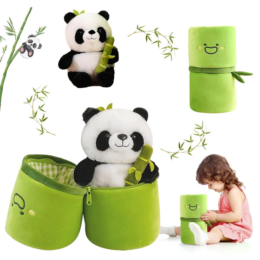 Emoin Soft Reversible Panda Stuffed Animals with Bamboo Storage Bag, 11-Inch Interactive Baby Toy, Cute Cuddly Panda Plush Toy for Kids & Adults Perfect for Birthday & Easter Gifts