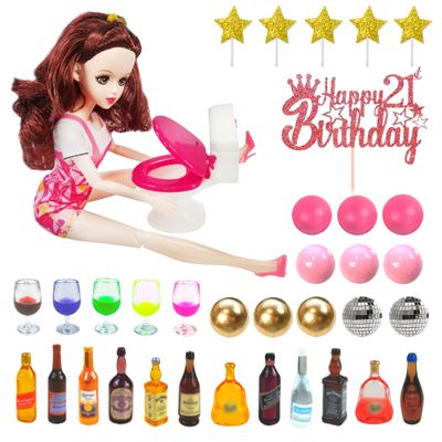 DRWATE Mini Wine Bottles Cake Toppers with 12 Mini Wine Bottles 5 Mini Wine Glasses 1 Toilet 1 Beauty Doll 21st Birthday Cake Topper for Celebrating 21st Birthday (Brown)