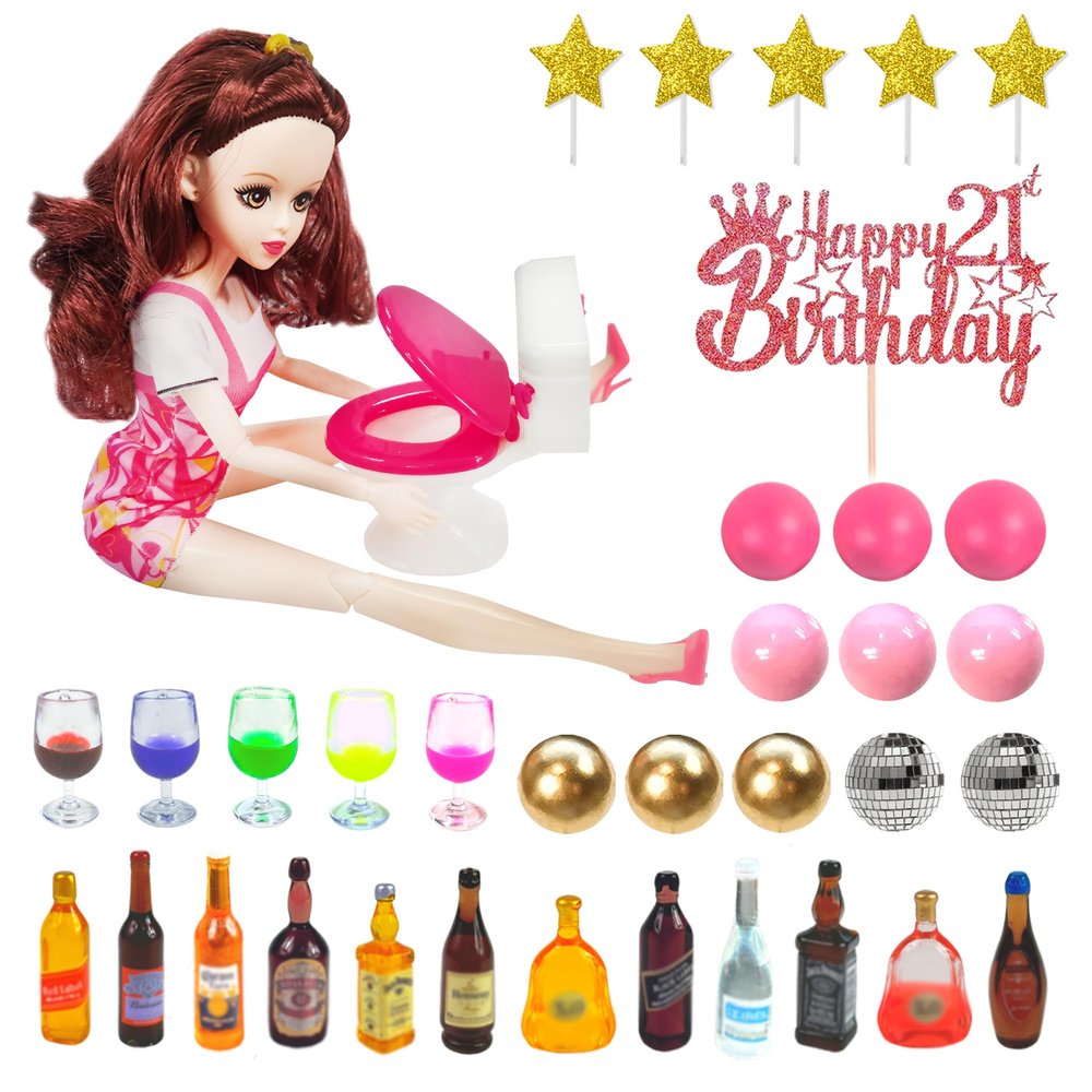 DRWATE Mini Wine Bottles Cake Toppers with 12 Mini Wine Bottles 5 Mini Wine Glasses 1 Toilet 1 Beauty Doll 21st Birthday Cake Topper for Celebrating 21st Birthday (Brown)