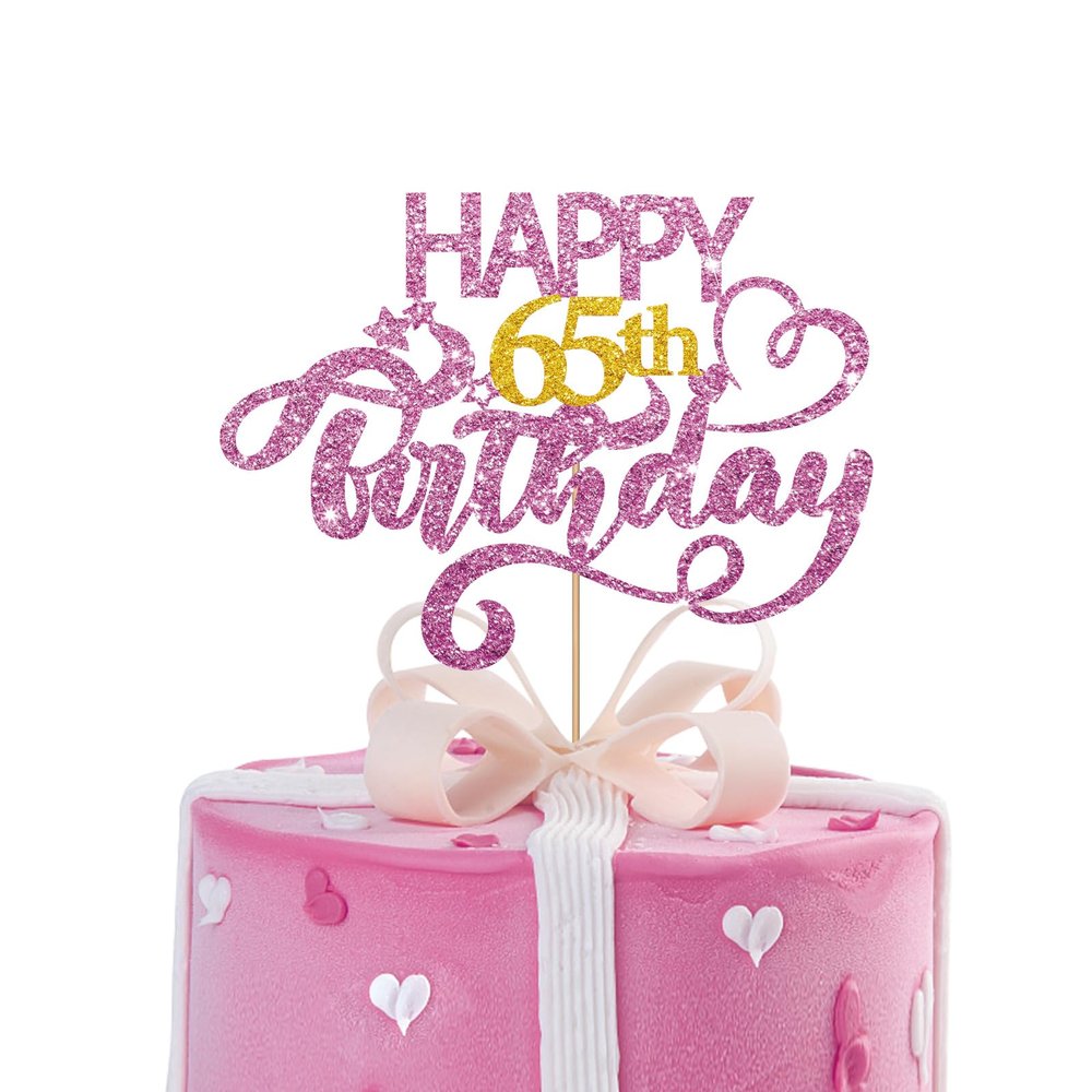 MINUET MINUTE Pink Glitter Happy 65th Birthday Cake Topper, 1 x 6.3" x 3.5" Sixty Five Years Old Birthday Party Cake Decor, Gold Number 65