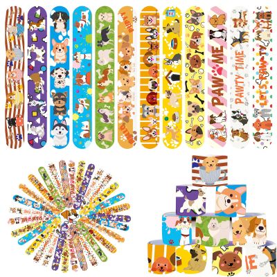 48Pcs Slap Bracelets for Kids Holiday Party Favor Toys Slap Bracelets Bulk Dog Theme Snap Bracelet Birthday Party Supplies Classroom Prizes Wrist Bands Christmas Easter Halloween Holiday Gifts (Dog)