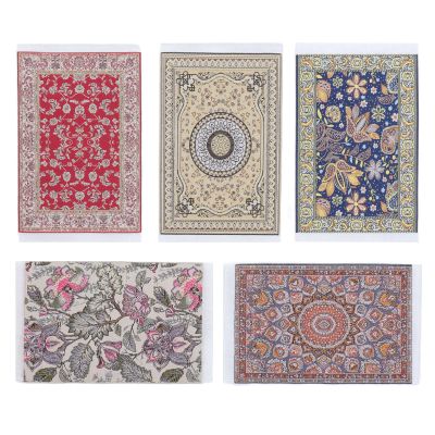 5pcs 1:12 Miniature Carpet, Floral Print Vintage Woven Rugs, Miniature Welcome Floor Blanket, Doll House Furniture Decor
