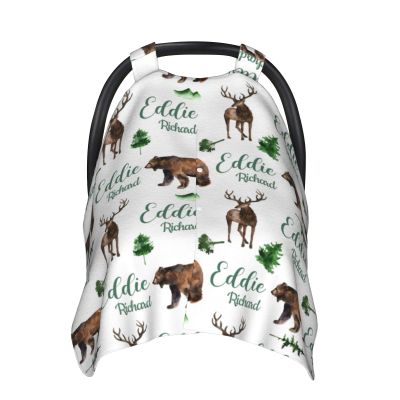 Personalized Baby Car Seat Canopy for Babies, Custom Name Woodland Deer Bear Baby Car Seat Covers for Boys Girls, Opening Minky Nursing Breastfeeding Cover for Infant, Carseat Canopies for Newborn