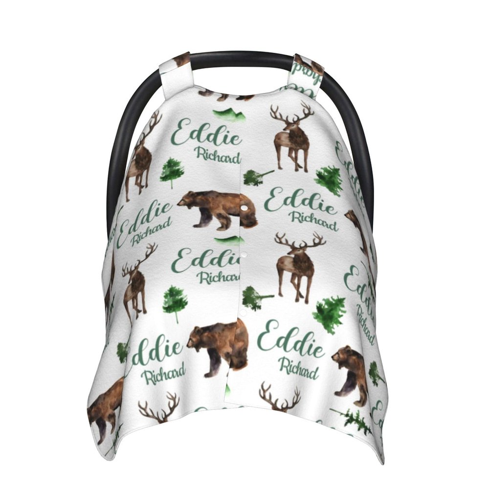 Personalized Baby Car Seat Canopy for Babies, Custom Name Woodland Deer Bear Baby Car Seat Covers for Boys Girls, Opening Minky Nursing Breastfeeding Cover for Infant, Carseat Canopies for Newborn
