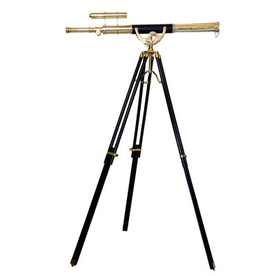 Antiqueex Vintage Shiny Brass Nautical Telescope Double Barrel Brass Finish Adjastable Wooden Tripod Floor Stand Nautical