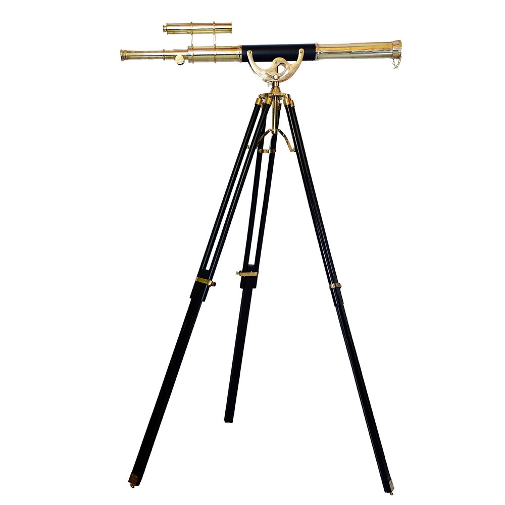 Antiqueex Vintage Shiny Brass Nautical Telescope Double Barrel Brass Finish Adjastable Wooden Tripod Floor Stand Nautical