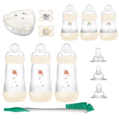 MAM Babys First Gift Feeding Set, Newborn Essentials Must Have for 0-3 Months, Self-Sterilizing Anti-Colic Bottles & Brush, Pacifiers, Skinsoft Silicone Nipples & Formula Dispenser, Unisex Set