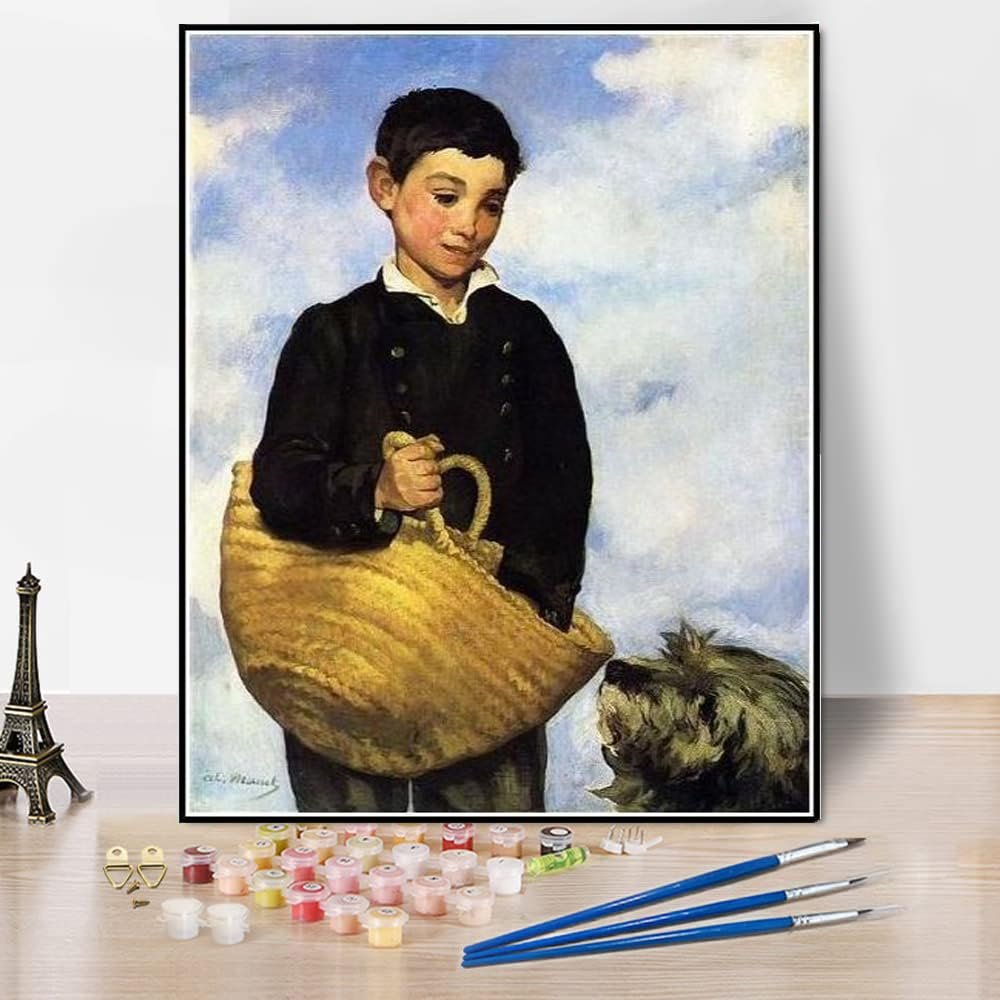 DIY Oil Painting Kit,A Boy with A Dog Painting by Edouard Manet Paint by Numbers Kit for Kids and Adults