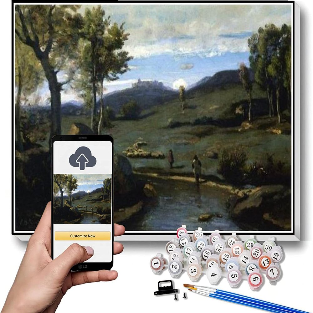 DIY Oil Painting Kit,Roman Countryside Rocky Valley with A Herd of Pigs Painting by Camille Corot Paint by Numbers Kit for Kids and Adults