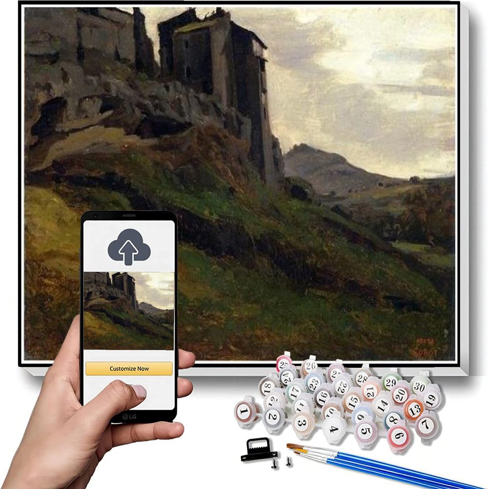 DIY Oil Painting Kit,Marino Large Buildings On The Rocks Painting by Camille Corot Paint by Numbers Kit for Kids and Adults