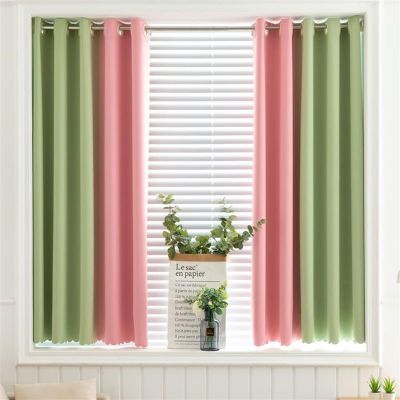 LJFMDLN Patchwork Blackout Curtains 47 inches Wide - Polyester Thermal Insulated Solid Grommet Darkening Drapes for Kitchen/Nursery, 2 Panels (Color : Green+Pink, Size : 47 W x 79 L)