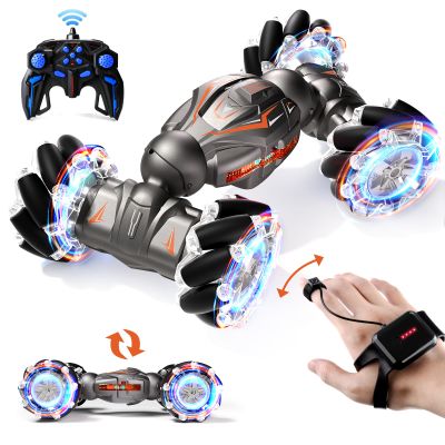 Deejoy 1:12 RC Stunt Car, 2.4GHz 4WD Remote Control Gesture Sensor Toy Cars, Double Sided Rotating Off Road Vehicle 360 Flips with Lights Music, for Boys & Girls BirthdayBlack Silver