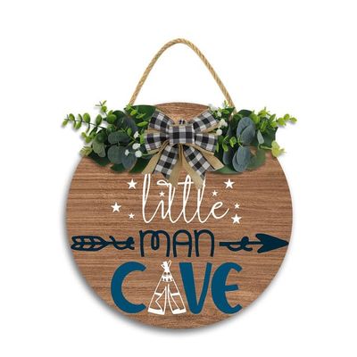 12x12In Little Man Babe Cave Door Sign,Baby Boys Room Wall Decor Farmhouse Rustic Wall Art Wooden Sign,Round Door Hanging Sign Decor for Baby Home Bedroom Living Room