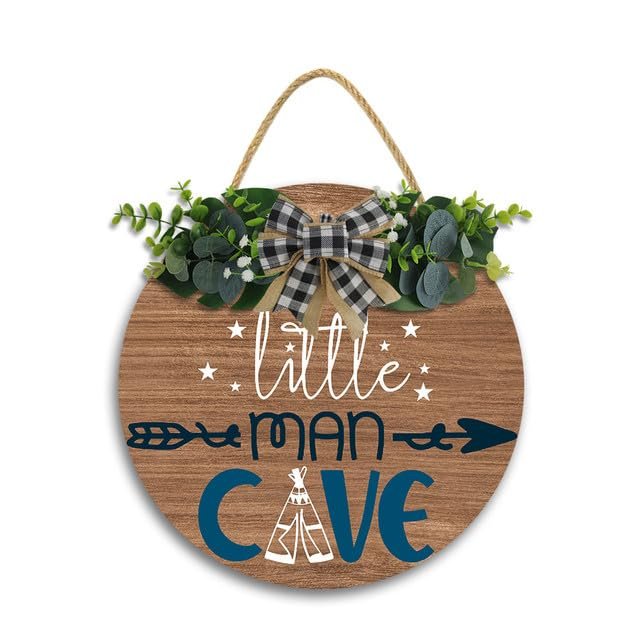 12x12In Little Man Babe Cave Door Sign,Baby Boys Room Wall Decor Farmhouse Rustic Wall Art Wooden Sign,Round Door Hanging Sign Decor for Baby Home Bedroom Living Room